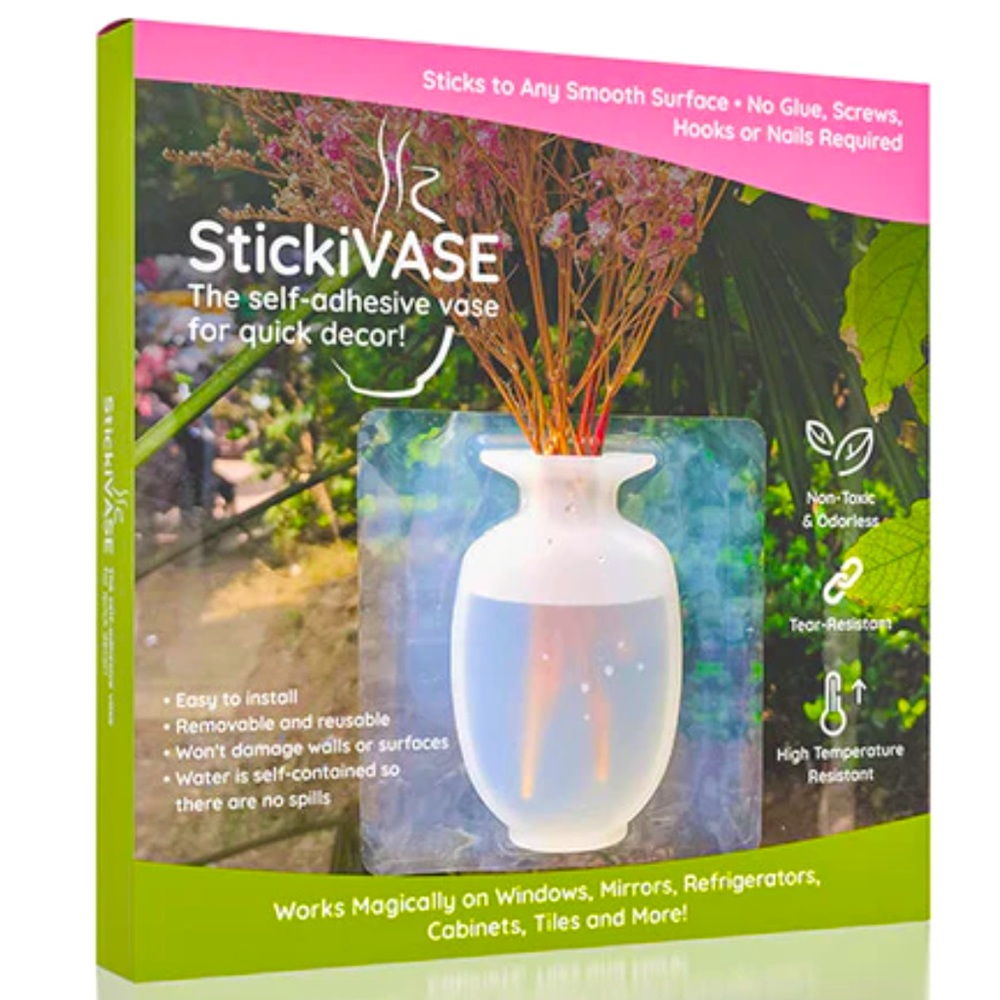 🆕 StickiVASE SELF-ADHESIVE VASE Holds Water & Flowers Hangs on Walls & Windows